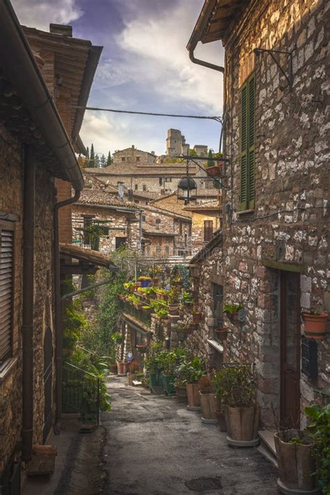 assisi street and rocca maggiore fortress perugia umbria italy stock image image of outdoor
