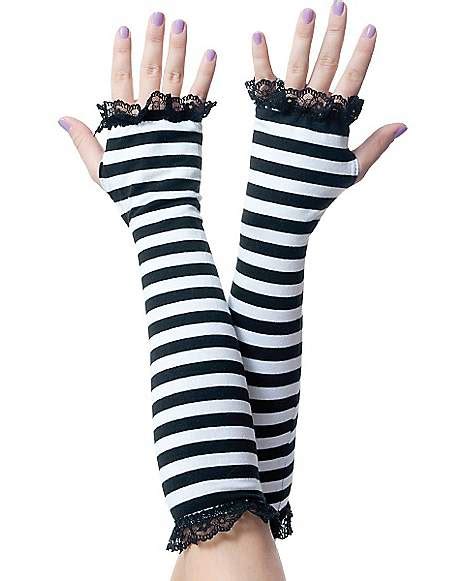 black and white striped fingerless gloves