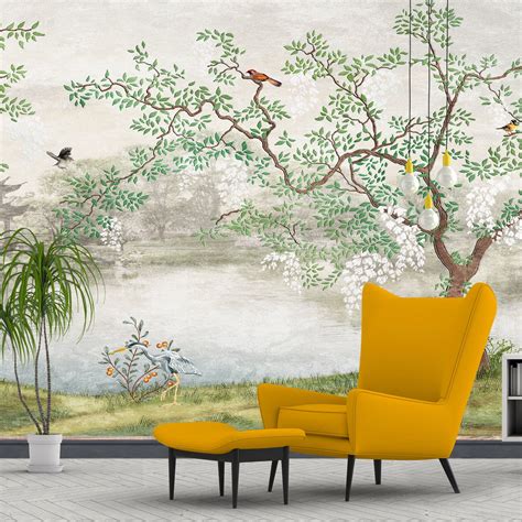 Misty Garden Tree Chinoiserie Wallpaper Botanical Wallpaper Etsy