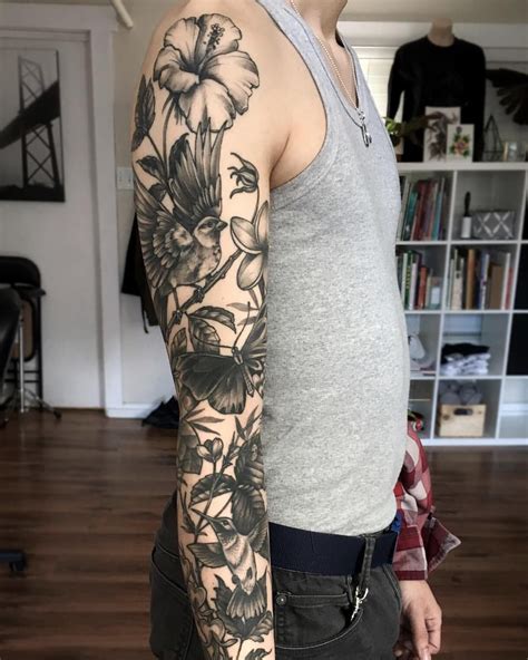 Girly Black Floral Flower Arm Sleeve Tattoo Ideas For