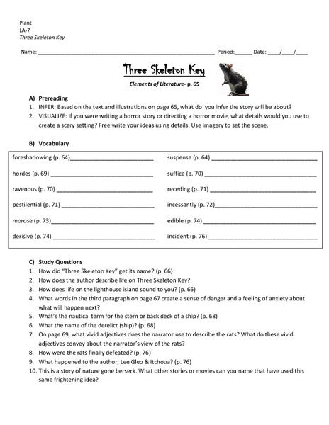 Three Skeleton Key Elements Of Literature Worksheet For 6th 8th