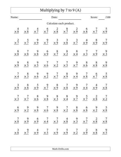 1, 3, or 5 minute drills for addition worksheets. 100 Vertical Questions -- Multiplication Facts -- 7-9 by 2 ...