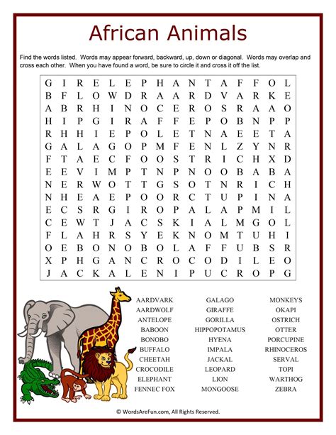 African Animals Word Search Puzzle Handout Fun Activity African