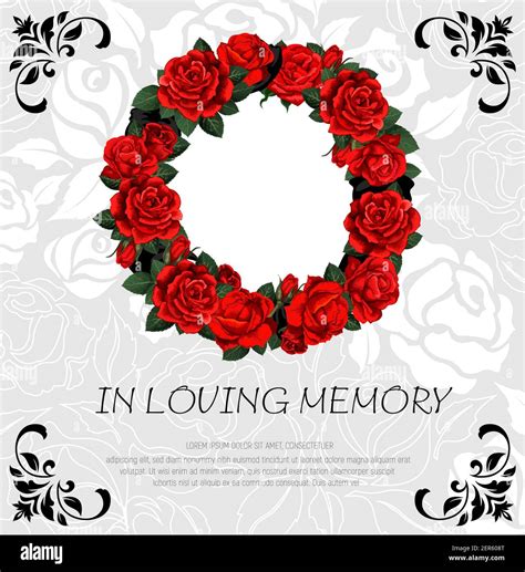 Funeral Vector Card With Red Rose Sketch Flowers Wreath Obituary Frame