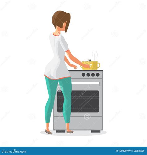 Young Woman Housewife Is Cooking Soup On The Stove The Girl Is Stock