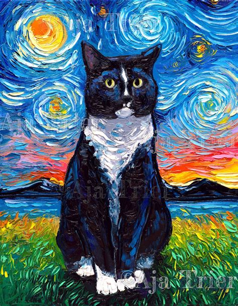 Tuxedo Cat Art Starry Night Print By Aja Choose Size Photo Paper Or