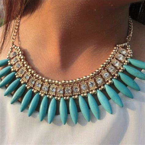 Buy the Turquoise Stone Fringe Beaded Collar Necklace | JaeBee Jewelry