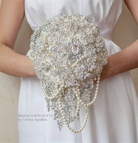 Cascading Brooch Bouquet Ivory And Silver Wedding Tear Drop Etsy