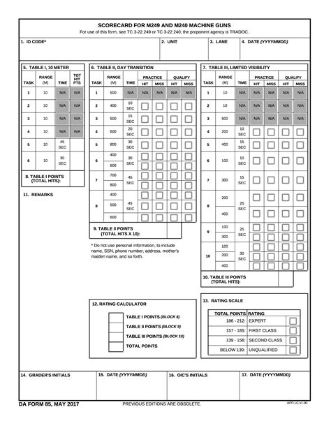 Da Form 85 Scorecard For M249 And M240 Machine Guns Forms Docs 2023