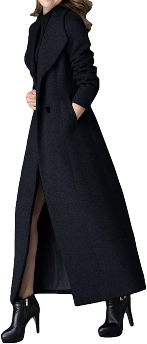 Plaer Womens Cashmere Coat Long Trench Coat Black Woolen Coat Clothing