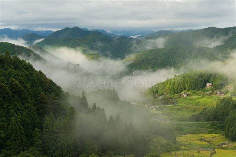 Japanese Rural Landscape Of Mountain Farms On Foggy Morning Stock Image