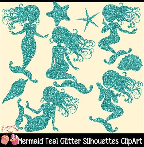 Mermaid Teal Glitter Silhouettes Clipart Set Etsy