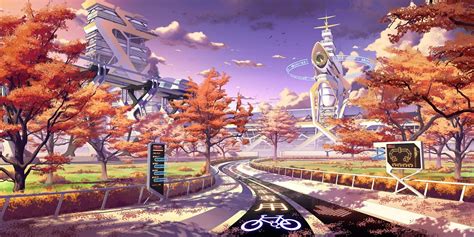 Anime Bicycle Lane With Orange Sky Illustration Hd Wallpaper