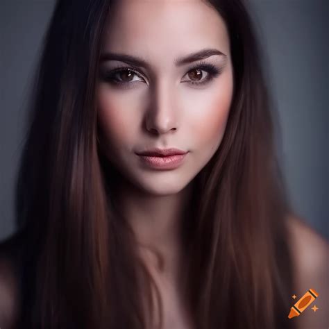 Beautiful Young Woman With Dark Hair Enchanting Makeup And Gentle