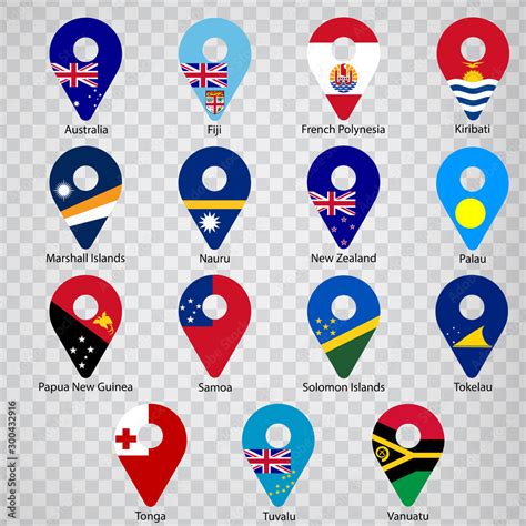 fifteen flags of australia and oceania countries alphabetical order with name set of 2d
