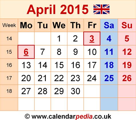 Calendar April 2015 Uk With Excel Word And Pdf Templates