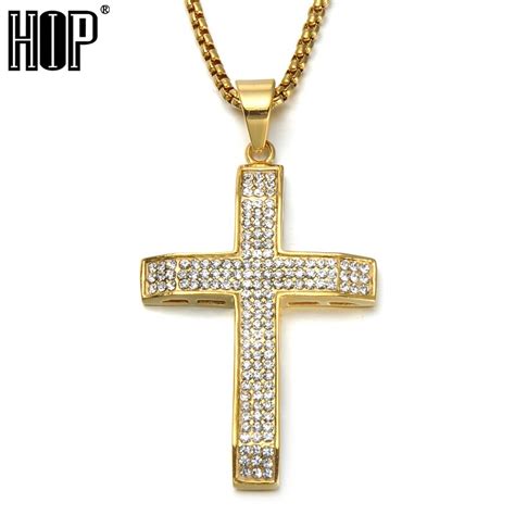 Hip Hop Rows Rhinestone Bling Iced Out Cross Pendants Necklaces Inch Gold Color Stainless