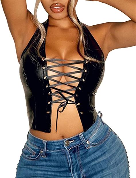 xxxiticat women s halter pu leather crop top lace up bandage criss cross eyelet cropped faux