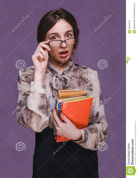 Woman Girl Brunette Teacher In Glasses With Books Surprised Open Stock