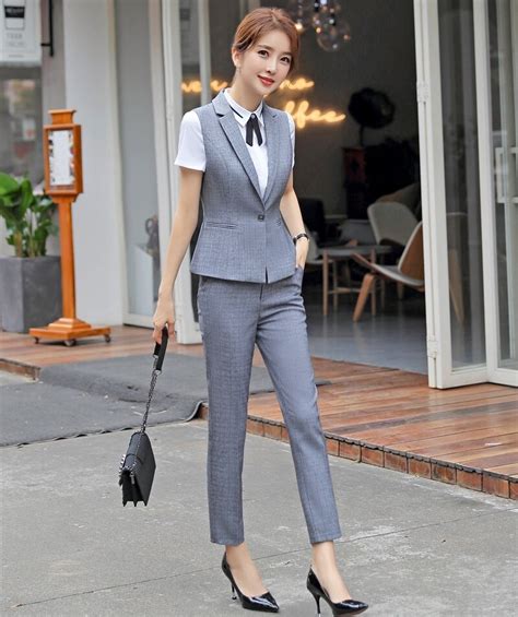 Formal Ladies Grey Vest And Waistcoat Women Business Suits Work Wear Pant And Jacket Sets Office