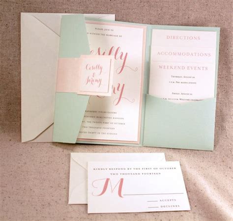 Karten für ihr fest finden sie einladungskarten, die zu ihnen passen viele kategorien: Schöne Mint Pocket-fold Einladung zur Hochzeit mit zartrosa Korallen auf Elfenbe… | Minted ...