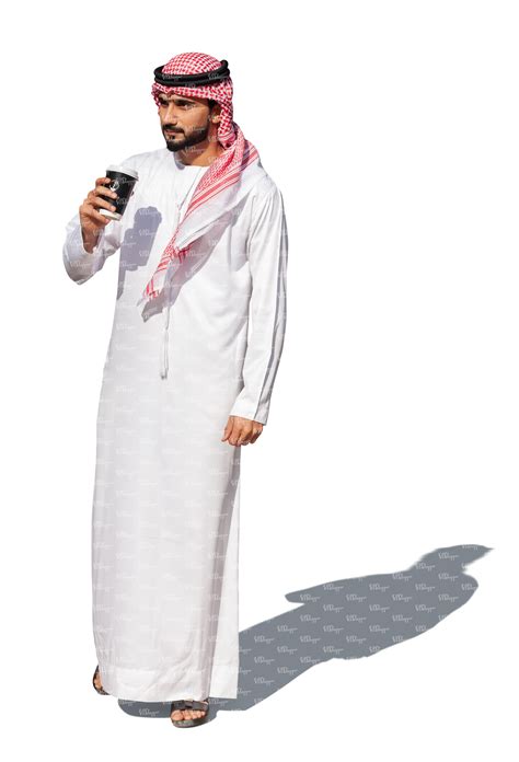 Cut Ot Arab Man In Traditional Emirati Clothes Standing And Drinking