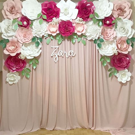 Pink Paper Flower Backdrop With Dusty Pink Curtains Rental Available