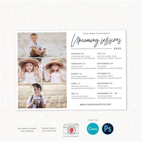 Upcoming Sessions Photography Template Mini Sessions Calendar Card