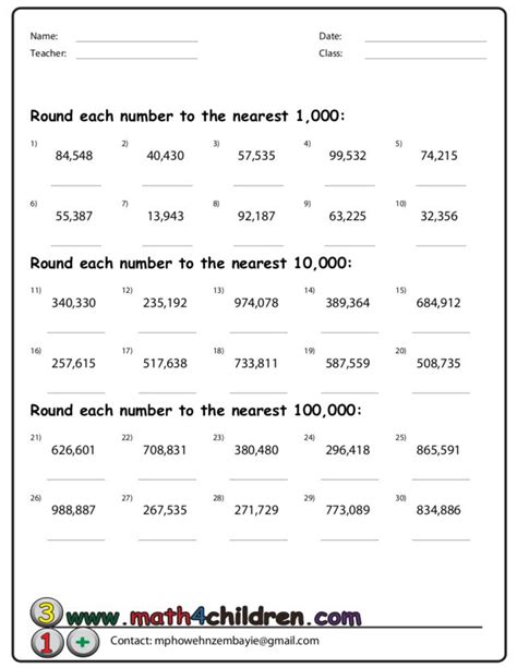 Rounding Numbers To Nearest 100 1000 10000 100000 Worksheet Pdf