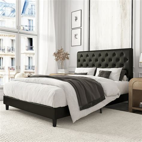 Amolife Queen Bed Frame With Adjustable Faux Leather Headboard Diamond