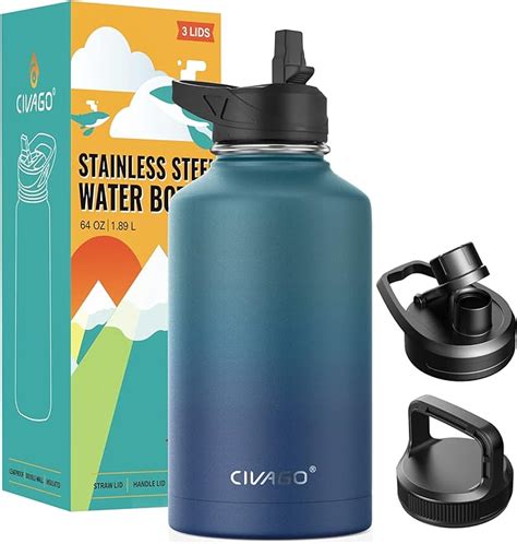 Civago 64 Oz Insulated Water Bottle With Straw Half Gallon Stainless