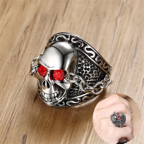 Buy Mens Stainless Steel Skull Ring With Chained Red