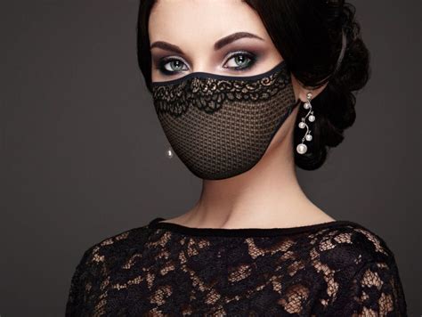 Nude And Black Fishnet Lace Print Designer Face Mask Filtered With