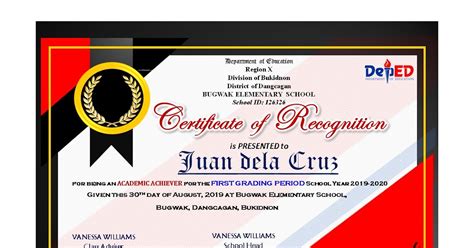 Deped Cert Of Recognition Template Certificate With Honors Png 1280