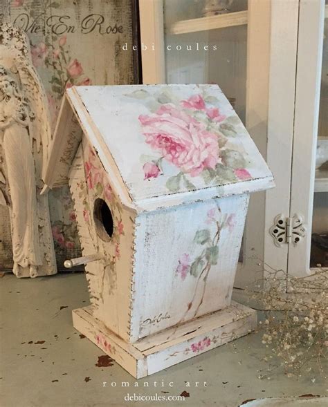 Shabby Cottage Chic Vintage Style Roses Birdhouse With Pearl Perch By