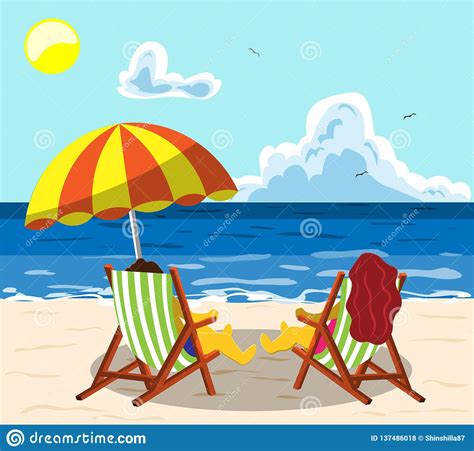 A Couple Of Young People Are Relaxing On A Beach Chair On A Sunny Beach