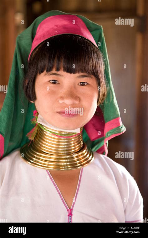 Portrait Of Padaung Girl Karen Tribe Inle Lake Myanmar Stock Photo