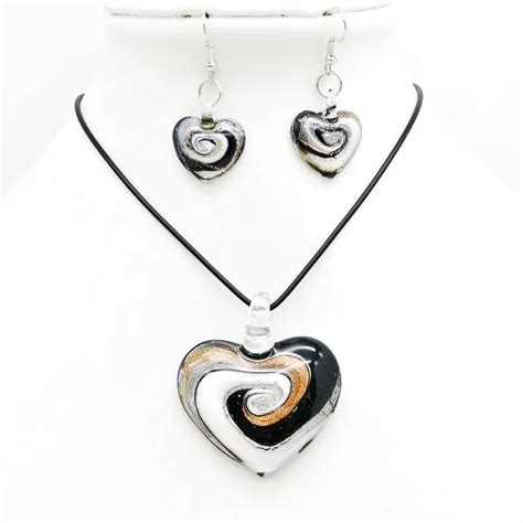 Free Shipping Wholesale 2sets Black Heart Shaped Glass Pendant Necklace Earrings Set Fashion