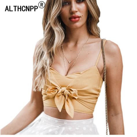 sexy bralette crop top women tank top short yellow tanks camis bow v neck backless wrapped chest