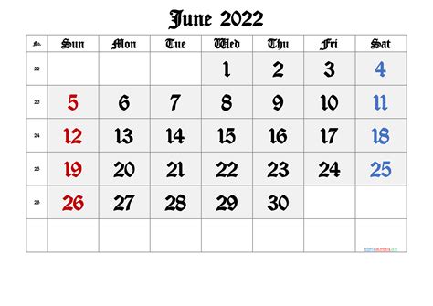 Printable June 2022 Calendar With Week Numbers