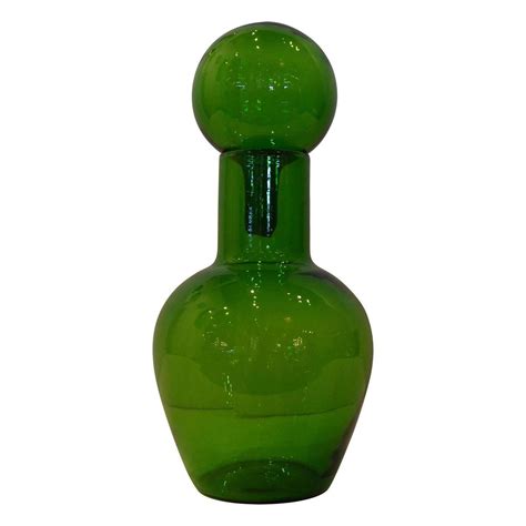 Mid Century Modern Blenko Emerald Green Glass Decanter With Large Ball Stopper Green Glass