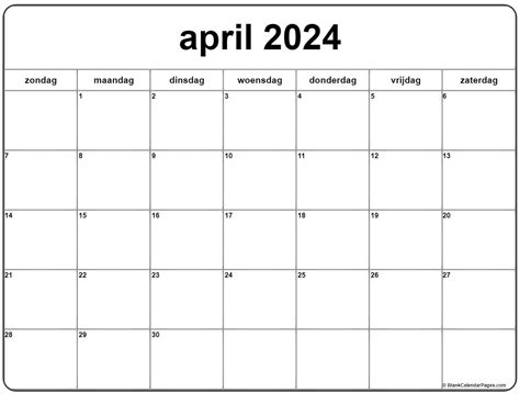 April 2024 Kalender Nederlandse Kalender April