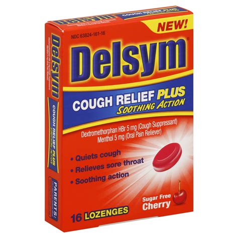 Delsym Cough Relief Plus Soothing Action Sugar Free Cherry 16 Lozenges