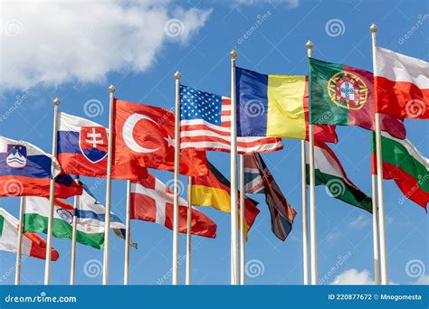 Group Of Flags Of Various States As A Symbol Of World Cooperation