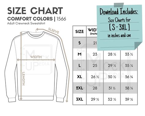 Comfort Colors Adult Crewneck Sweatshirt Size Chart Inches Cm Digital Size Chart Comfort