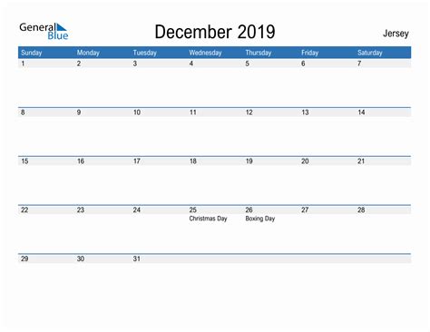 Editable December 2019 Calendar With Jersey Holidays