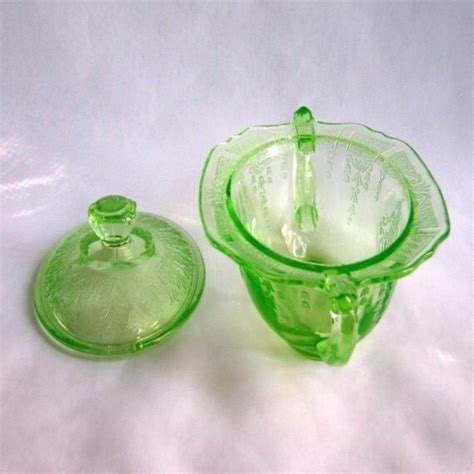 Green Depression Glass Princess Covered Sugar Hocking Glows