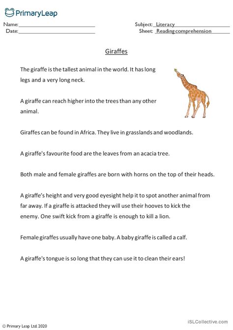 Reading Comprehension Giraffes Rea English Esl Worksheets Pdf And Doc