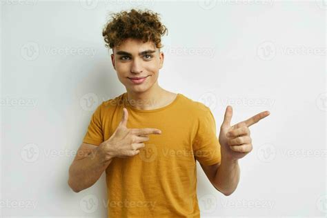 Handsome Guy In Yellow T Shirts Gesture Hands Emotions Isolated