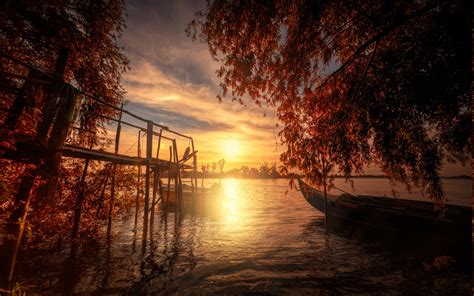 Nature Landscape Fall Lake Trees Sunset Boat Dock Clouds Portugal Water